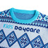 A blue and white unisex winter acrylic cotton jacquard sweater with a decorative pattern and a logo.