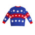 A unisex winter acrylic jacquard sweater in blue with red and white star and dot patterns on the back.