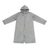 A grey reusable PEVA raincoat with a hood and buttons, featuring a logo on it.
