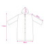 A white reusable PEVA raincoat with a hood, featuring measurements for length, chest, and sleeve widths.
