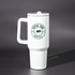 A drink bottle in white plastic with a handle and a logo, featuring a large tumbler design.