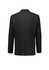 A black men's blazer with a sleek design, featuring a back vent and buttoned cuffs, has a logo on the back.