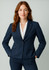 A navy blue women's blazer with a single button and two front pockets, featuring a tailored fit.