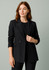 A black longline double-breasted blazer featuring a sleek design and a single button detail, worn by a model.