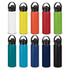 A collection of vacuum bottles in various colours, including black, red, yellow, orange, blue, and white. Each has a handle and a logo.