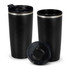 A double wall travel mug in black with a silver band and a clear lid. Includes a logo on the side.