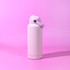 A drink bottle in light pink with a handle and a silver cap, featuring a logo.