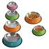 A set of pet feeding bowls in orange, green, pink, and teal, featuring stainless steel interiors and rubber bases.