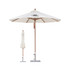 A white outdoor umbrella with a wooden pole and base, featuring a logo. A folded umbrella stands beside it.