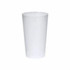 A plastic cup in translucent white with a sleek, cylindrical design and a logo.