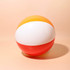 A beach ball featuring orange, white, and red panels, with a smooth, glossy surface and a logo.