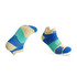 A pair of no show running socks in blue, mint green, and cream, featuring a logo on the side.