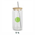 A clear glass tumbler with a bamboo lid and stainless steel straw, featuring a green logo.