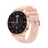 A rose gold smart watch with a black face and pink strap, featuring multiple dials and a logo on the side.