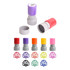 A coloured round stamp in purple, red, yellow, orange, pink, and grey, featuring a logo and various stamp ink colours.