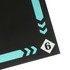 A black football training mat featuring turquoise markings and numbers, designed for outdoor use.