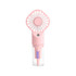 A handheld spray fan in pink with a clear water reservoir. It features a logo on the body.