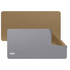 A PU leather desk mat featuring a grey side and a brown side, with a logo present on the grey side.