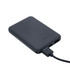 A black power bank with charging cable attached, featuring USB ports and indicator lights.