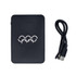 A black 5000mAh powerbank with a logo and a connected USB charging cable.