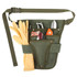 A green garden tool waist pouch with gloves, pruners, and various gardening tools. Features a strap and multiple pockets.
