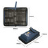 A navy tool kit bag with various compartments for tools, featuring an interior with tool illustrations and a logo.