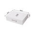 A white rectangular box with dimensions labelled, featuring a logo and text in red.