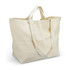 A cream tote bag with long handles, featuring a simple design and a spacious interior.