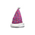 A pink Santa hat with colourful patterns and a white fur trim, featuring a logo.