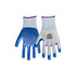 Gardening gloves in white and blue, featuring a logo on one glove. They have a textured grip for better handling.