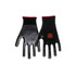 A pair of black gardening gloves with a red cuff, featuring a logo on the wrist area.