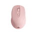 A pink wireless mouse with a logo on the base, featuring a smooth design and three buttons.