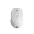 A wireless mouse in white, featuring a scroll wheel and side buttons, with a logo on the base.