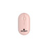 A slim pink wireless travel mouse with a central scroll wheel and a branding logo.
