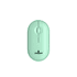 A mint green wireless travel mouse featuring a central scroll wheel and a logo on the base.