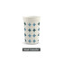 A plastic stadium cup featuring a blue and white circular pattern, with a logo displayed on the front.