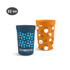 A drink bottle featuring two 650ml plastic stadium cups, one in blue with a pattern and the other in orange with a cute design.