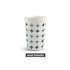 A plastic stadium cup featuring a blue and white circular pattern and an upper rim design. It has a logo.