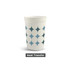 A 650ml plastic stadium cup in white with a geometric pattern in shades of blue. Features a logo.