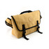 A kraft paper laptop messenger bag in beige with black straps, featuring a circular logo on the front.