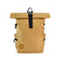 A tan kraft paper laptop backpack with a roll-top design and adjustable straps. It features a logo on the front.