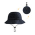 A foldable bucket hat in navy blue with a branding logo and a convenient clip for attachment.
