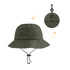 A foldable bucket hat in olive green, featuring a drawstring and a logo, shown both unfolded and compacted.