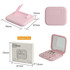 A pink multi-function storage bracket set with a built-in mirror. Features dimensions and a box design.