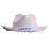 Iridescent cowboy hat in white with a branding logo on the band. The surface shines with a rainbow effect.