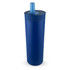 A drink bottle in a deep blue finish with a straw and a textured lid, featuring a logo. Suitable for hot and cold beverages.
