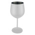 A stainless steel wine glass with a matte white exterior and a shiny silver interior. It features a stem and base.