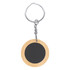 A round bamboo keyring with a silver metal keychain, featuring a blank black centre.