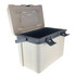 A 15L cooler box in cream and grey, featuring a lid and sturdy closure clips. It has a branding logo on the side.