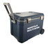 A dark blue rolling cooler box with a handle and wheels, featuring a logo on the side.